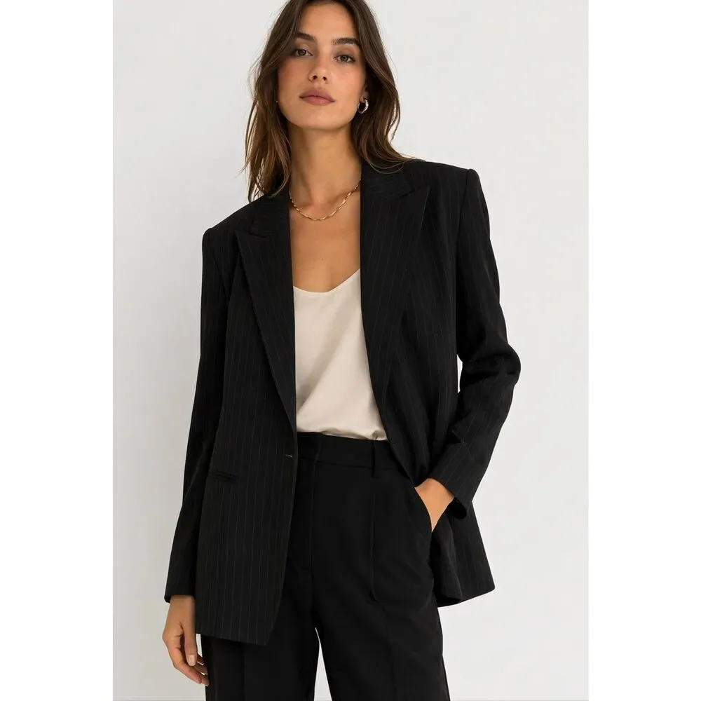 Max Mara Black Pinstripe Blazer Open Front Italian Tailored Jacket 10 - Picture 1 of 6